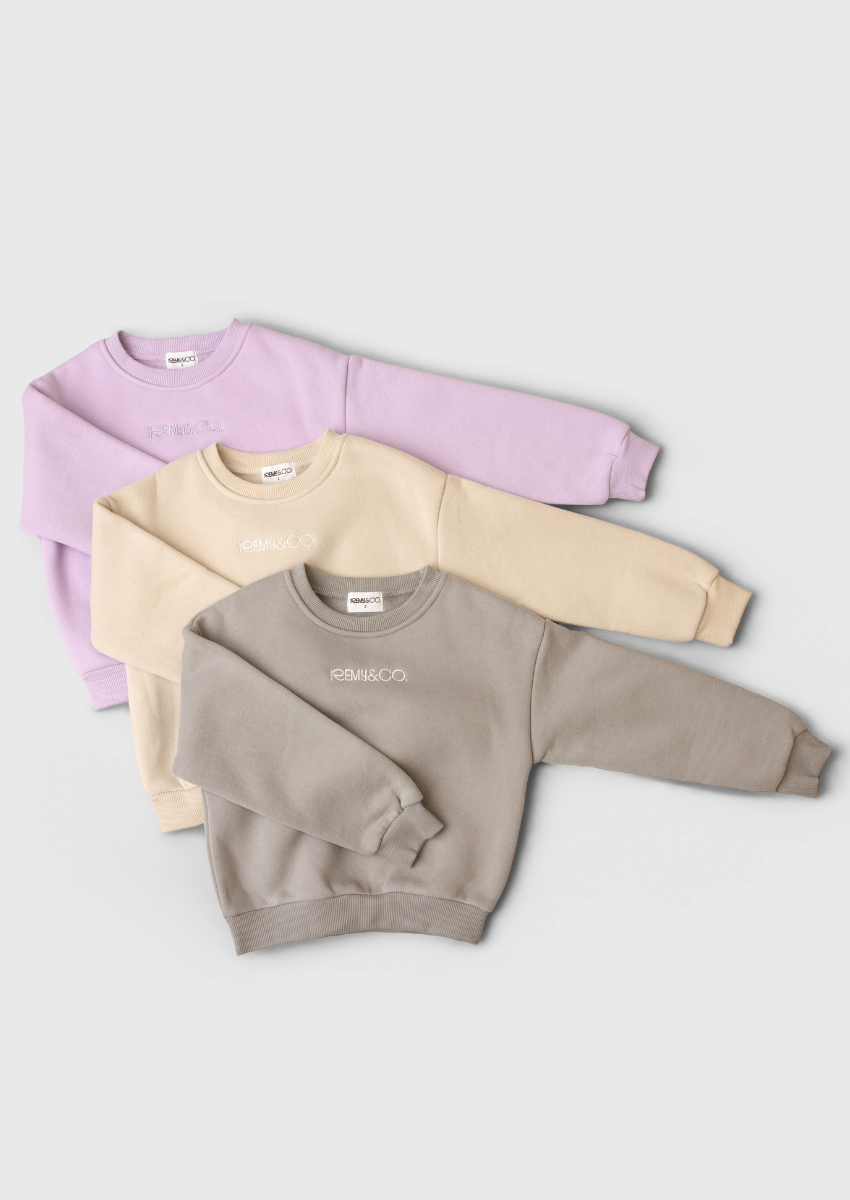 Remy & Co. embroidered kids crewneck sweatshirts in Lilac, Beige and Dark Grey.