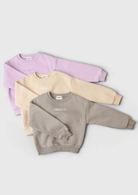 Remy & Co. embroidered kids crewneck sweatshirts in Lilac, Beige and Dark Grey.