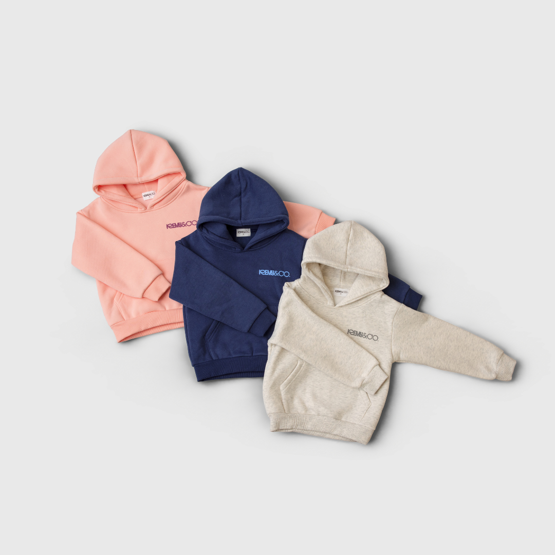 Remy & Co. Puff Print Hoodies in Pink, Dark Blue and Light Grey laid flat.